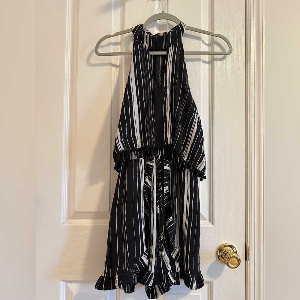 Black and White Striped Halter Romper